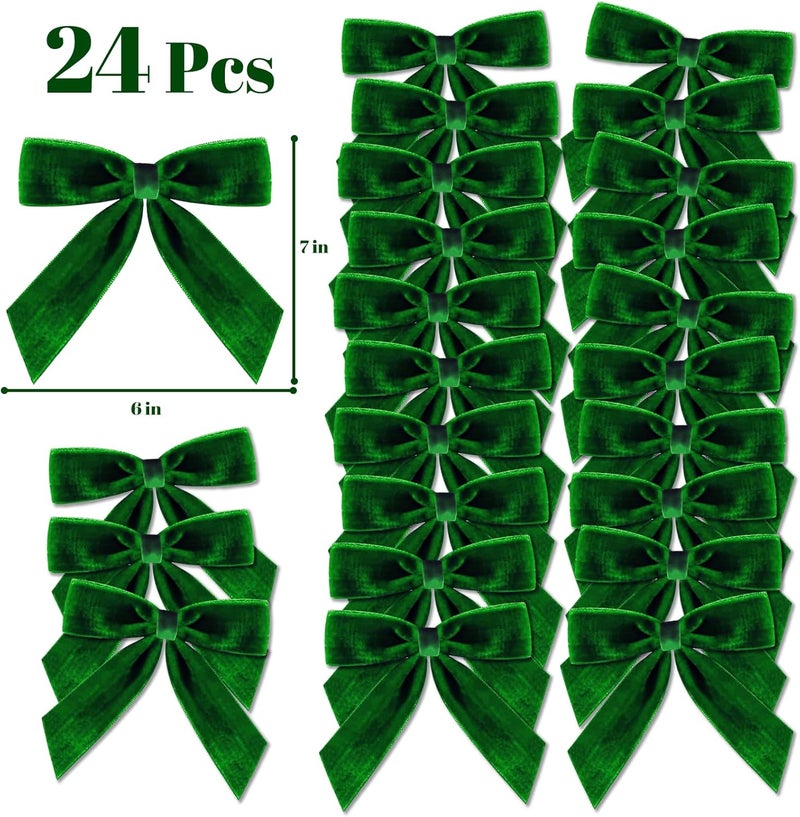 Zesua Christmas Decorations - Christmas Bows - 24 Pcs 7 x 6 inch Medium Green Velvet Bows for Christmas Tree - Xmas Ribbon Ornaments - Home Decor for Wreath Garland Gift Wrapping Crafts Wedding Party - Image 2